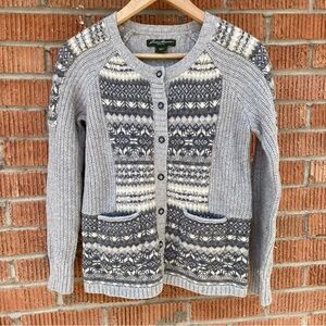 Eddie Bauer Sweater Womens Petite Small Gray Button Nordic Fair Isle Cardigan